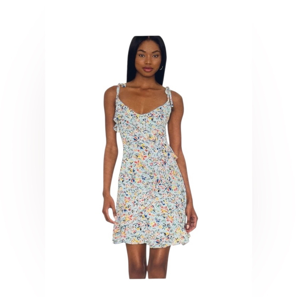 BCBG BCBGeneration Tier Ruffle Cami Shoulder Tie Blue Fiesta Floral Dress Med